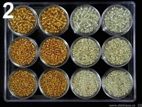 Koraliki - rokail w pojemniczkach ok. 14gx12 opakowań - przezroczysto/srebrne i złote