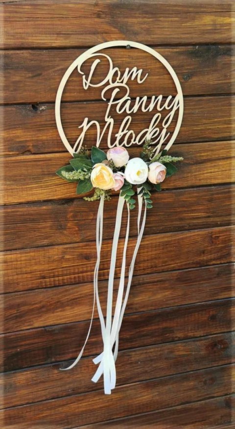 Wianki na drzwi Dom Panny Młodej Dom Pana Młodego z kwiatami ecrue i łososiowo - różowymi - komplet 2 szt