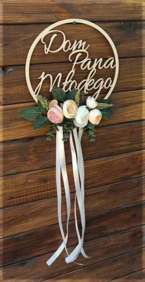 Wianki na drzwi Dom Panny Młodej Dom Pana Młodego z kwiatami ecrue i łososiowo - różowymi - komplet 2 szt