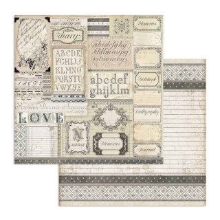 Papier do scrapbookingu 30x30cm Stamperia CALIGRAPHY PATCHWORK, ETYKIETY SBB739