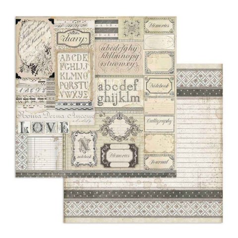 Papier do scrapbookingu 30x30cm Stamperia CALIGRAPHY PATCHWORK, ETYKIETY SBB739