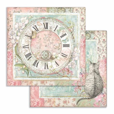 Papier do scrapbookingu 30x30cm Stamperia ORCHID CATS KOT, ZEGAR SBB753