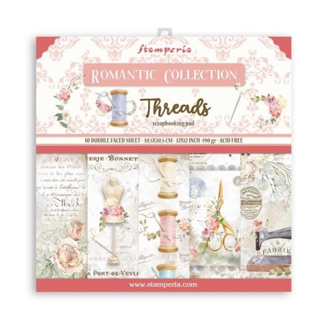 Zestaw 10 szt, papierów do scrapbookingu 30x30cm Stamperia ROMANTIC THREADS SBBL88