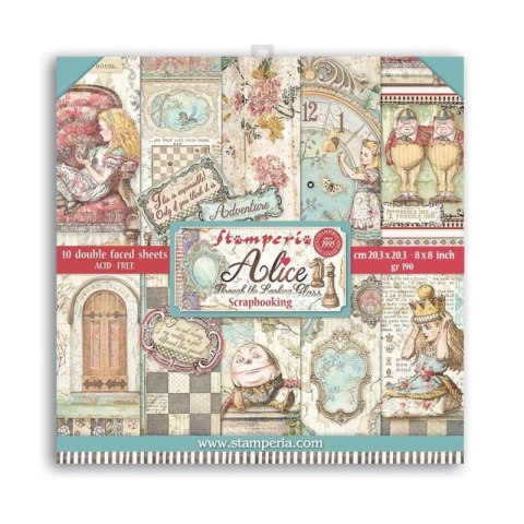 Zestaw 10 szt, papierów do scrapbookingu 20,3x20,3cm Stamperia SLEEPING ALICE Through The Looking Glass SBBS42