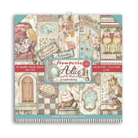 Zestaw 10 szt, papierów do scrapbookingu 30x30cm Stamperia ALICE Through the looking glass SBBL93